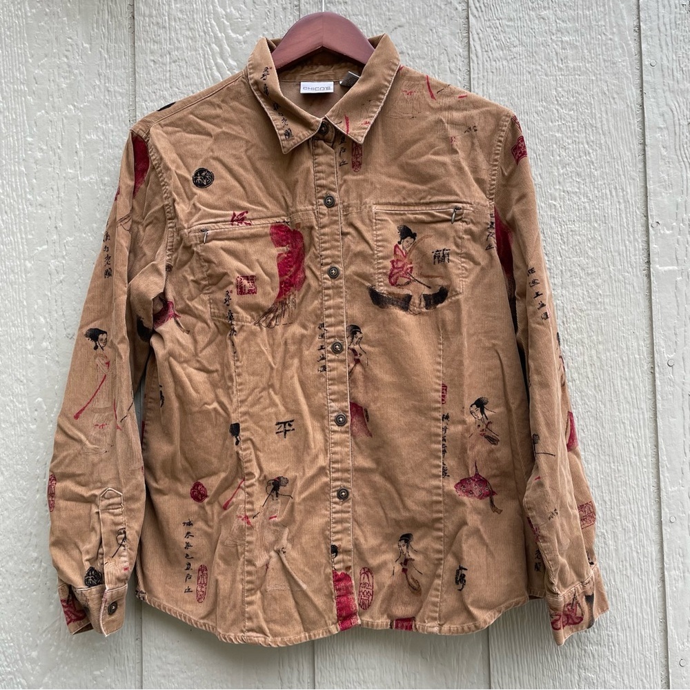 Chicos Corduroy Shirt Women's L (2)‎ Asian Inspired Print Pockets Fall button up